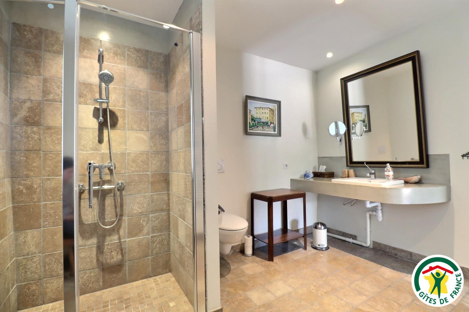 Salle d'eau adaptée PMR avec douche italienne, wc avec barre d'appui, lavabo photo 20